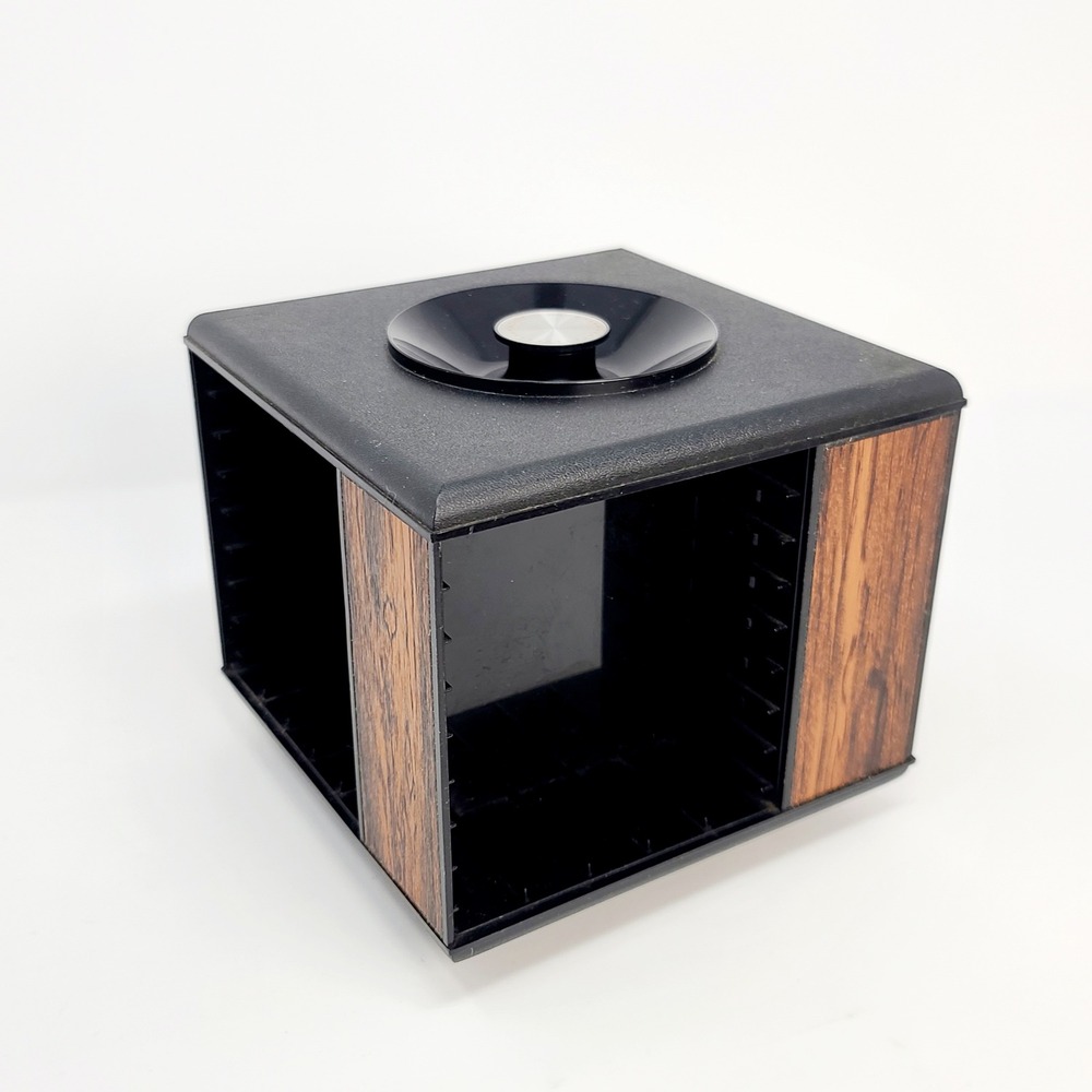 Vintage Rotating Cassette Tape Storage Carousel Swivel Rack Faux Wood Grain Good